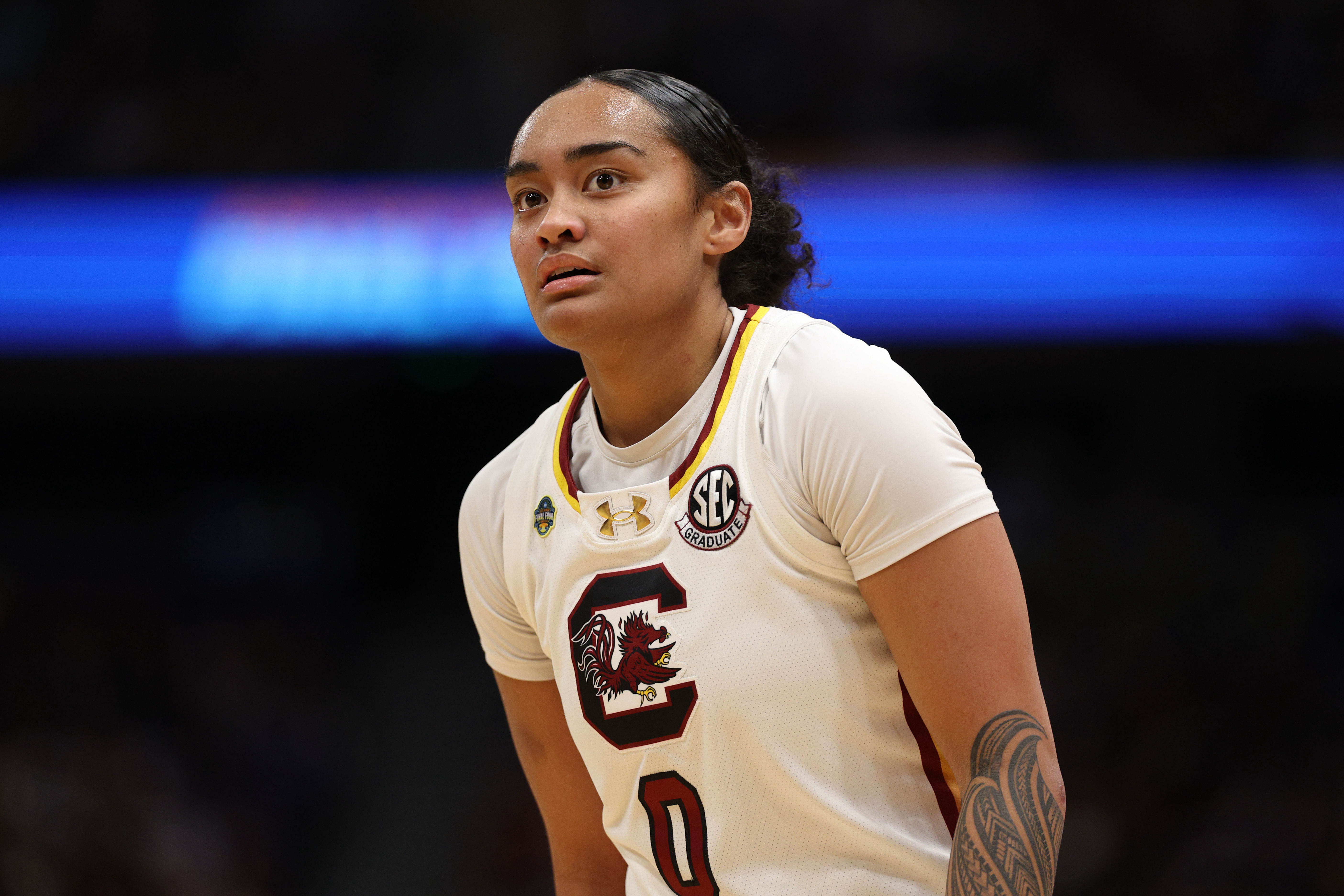 South Carolina Gamecocks guard Te-Hina Paopao (0) reacts during the first half of their 2025 NCAA tournament game against the Texas Longhorns at Amalie Arena. Photo: Imagn